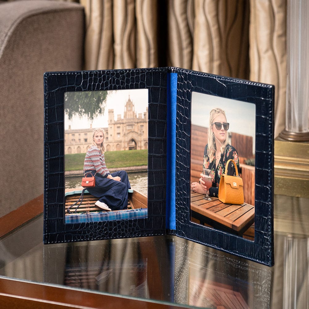 Double leather photo frame, navy croc, 6 x 4", lifestyle