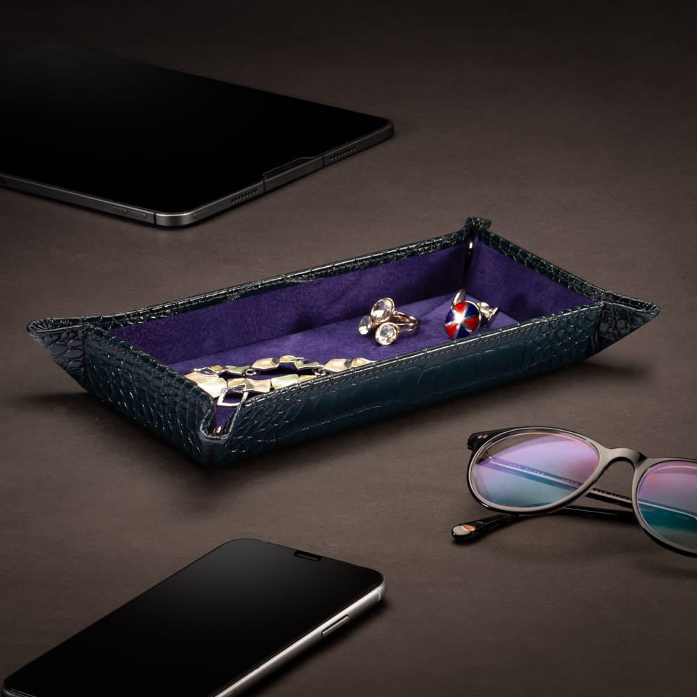 Rectangular Leather Valet Tray, Navy Croc Effect, lifestyle