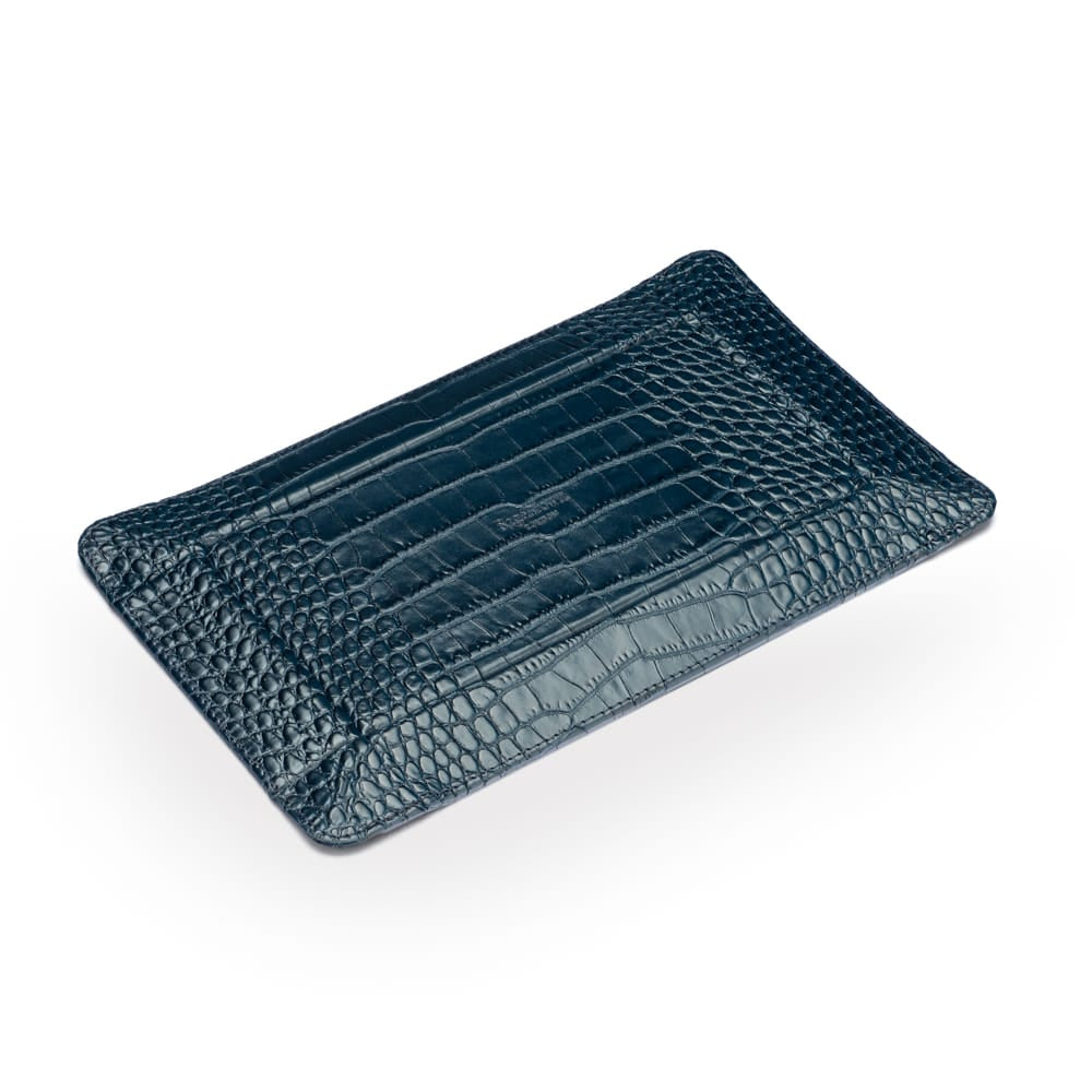 Rectangular Leather Valet Tray, Navy Croc Effect, flat base