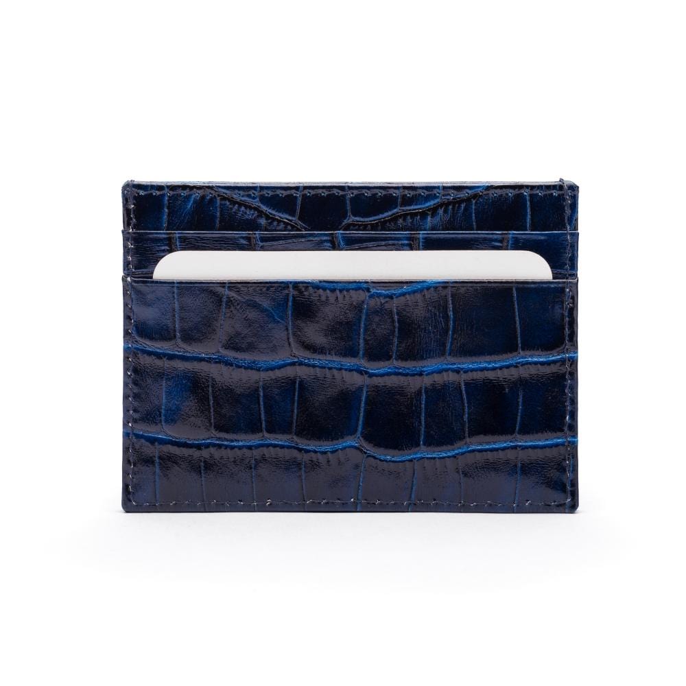 Flat leather credit card wallet 4 CC, navy croc, front