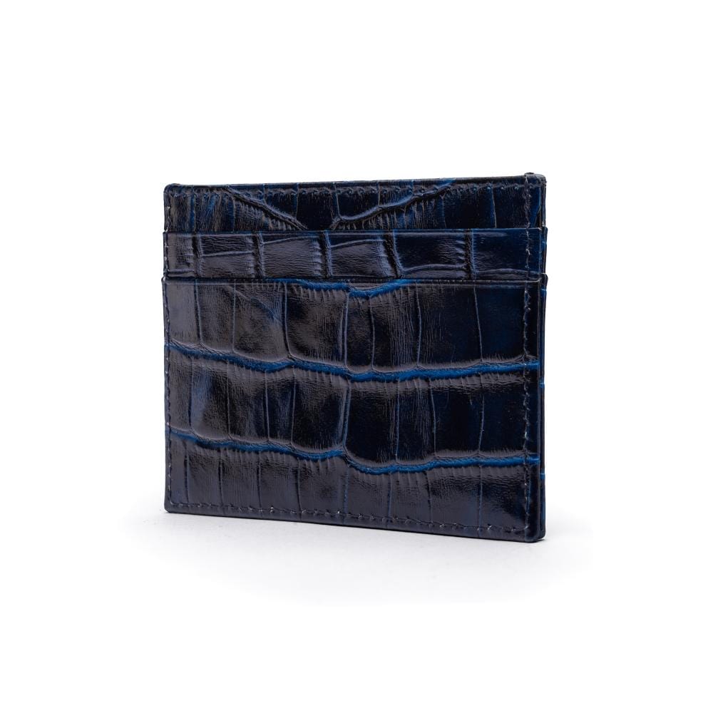 Flat leather credit card wallet 4 CC, navy croc, side