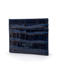 Flat leather credit card wallet 4 CC, navy croc, front, back