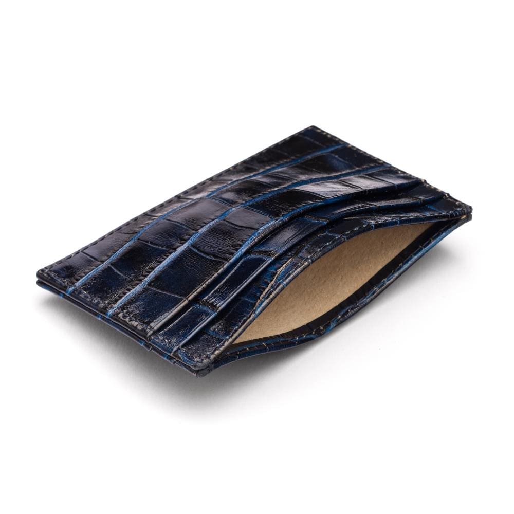 Flat leather credit card wallet 4 CC, navy croc, inside