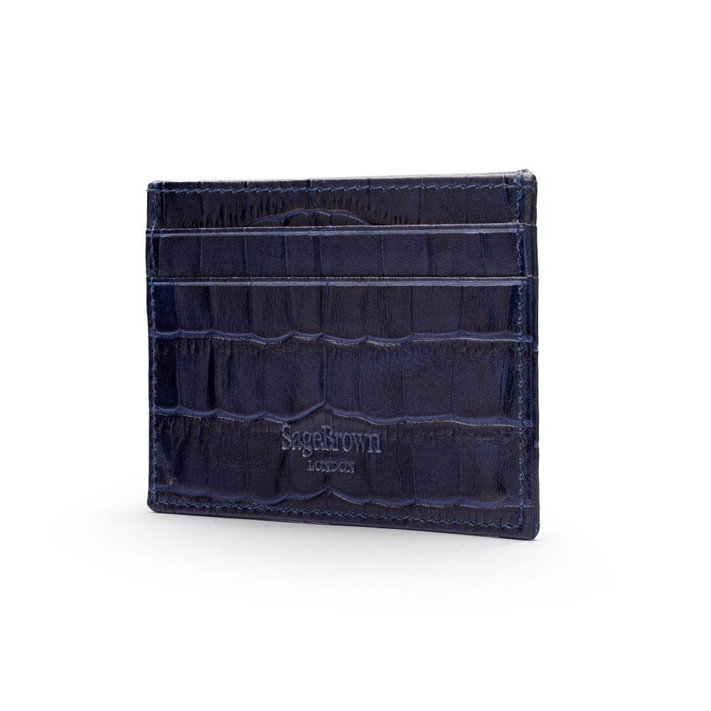 Flat leather credit card wallet 4 CC, navy croc, back view