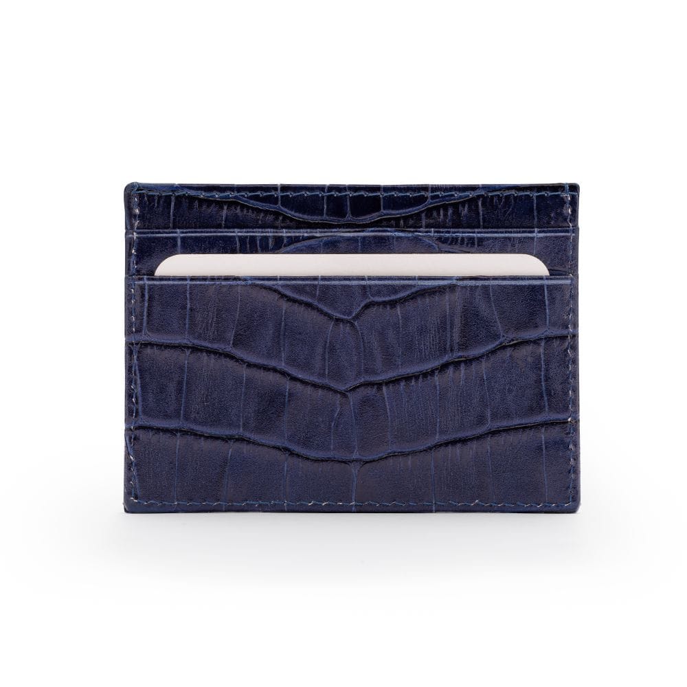 Flat leather credit card wallet 4 CC, navy croc, front view