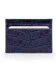 Flat leather credit card wallet 4 CC, navy croc, front view