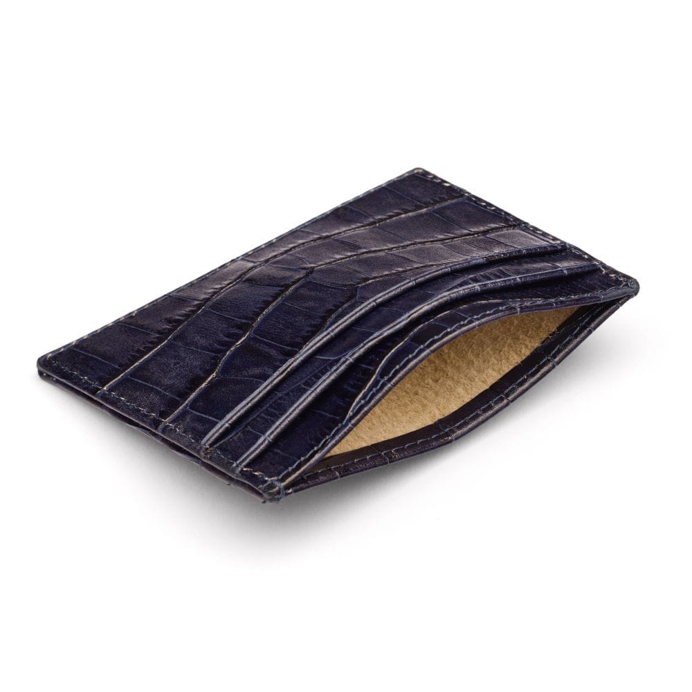 Flat leather credit card wallet 4 CC, navy croc, inside view