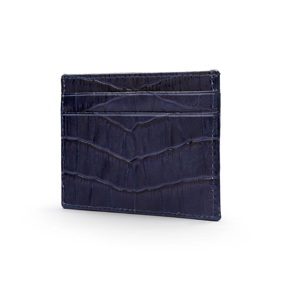 Flat leather credit card wallet 4 CC, navy croc, front