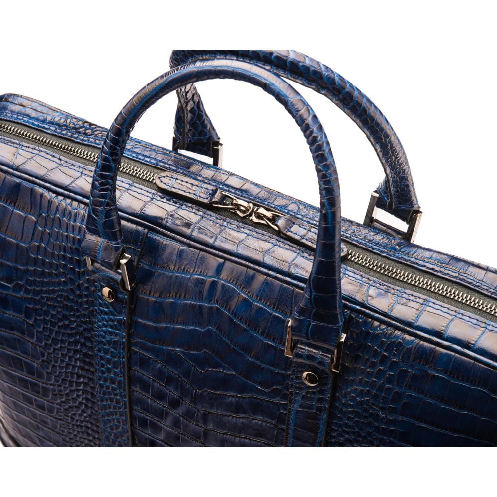 15" leather laptop bag, navy croc, closeup