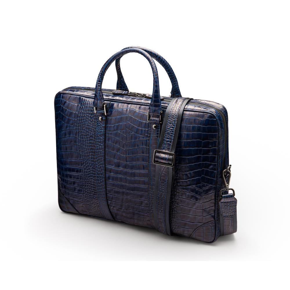 15" leather laptop bag, navy croc, with shoulder strap