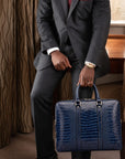 15" leather laptop bag, navy croc, lifestyle