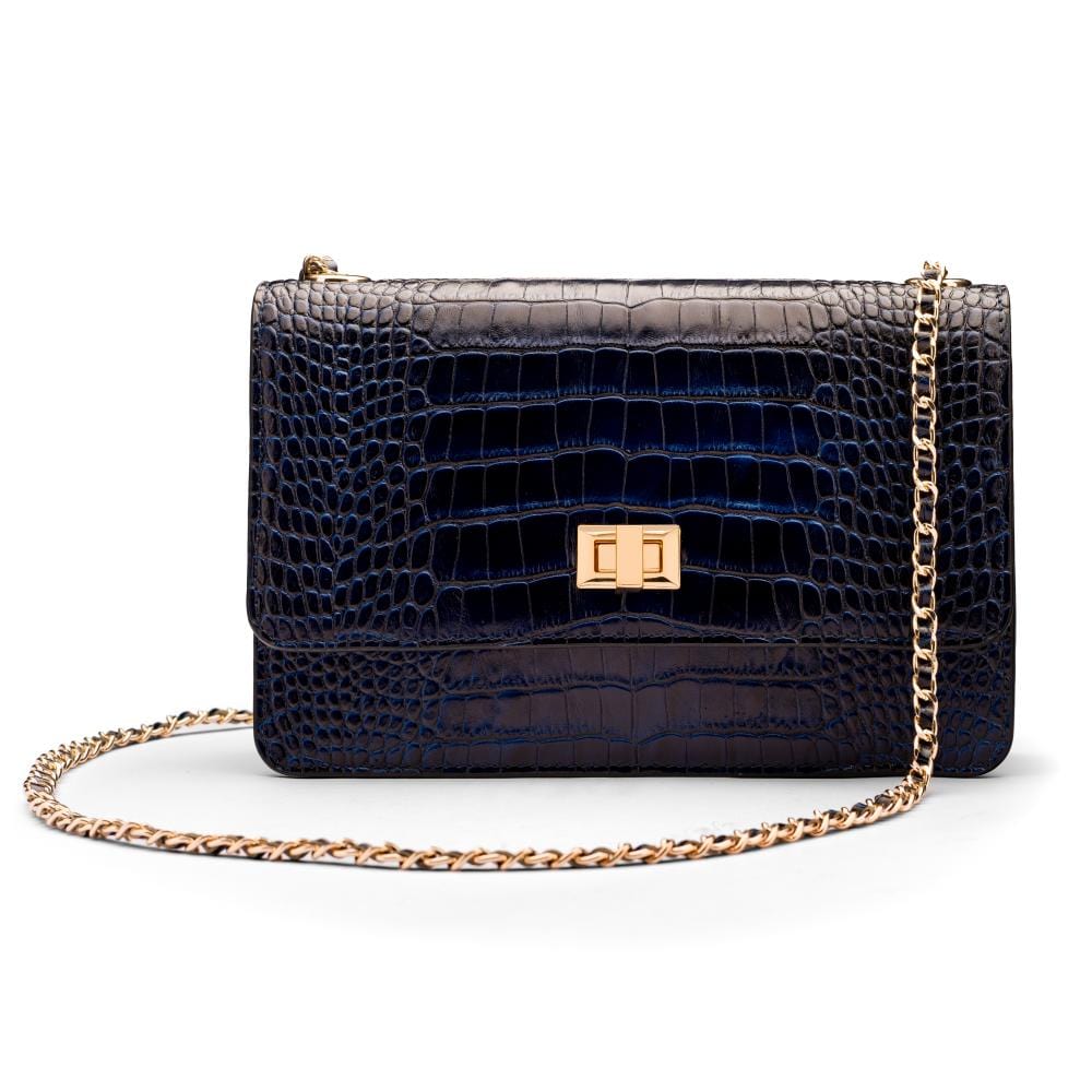 Leather chain bag, navy croc, front