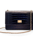 Leather chain bag, navy croc, front