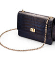 Leather chain bag, navy croc, side view