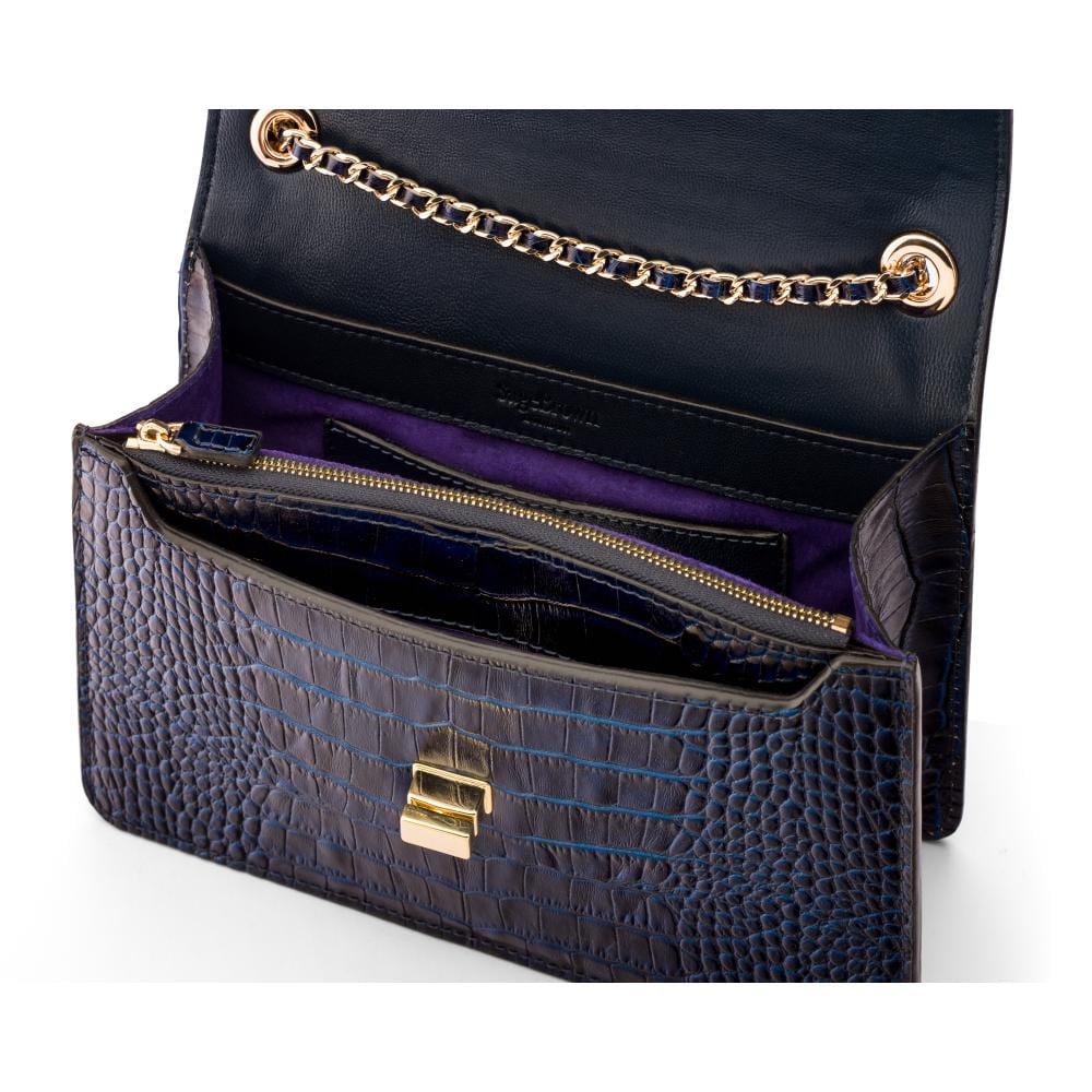 Leather chain bag, navy croc, inside