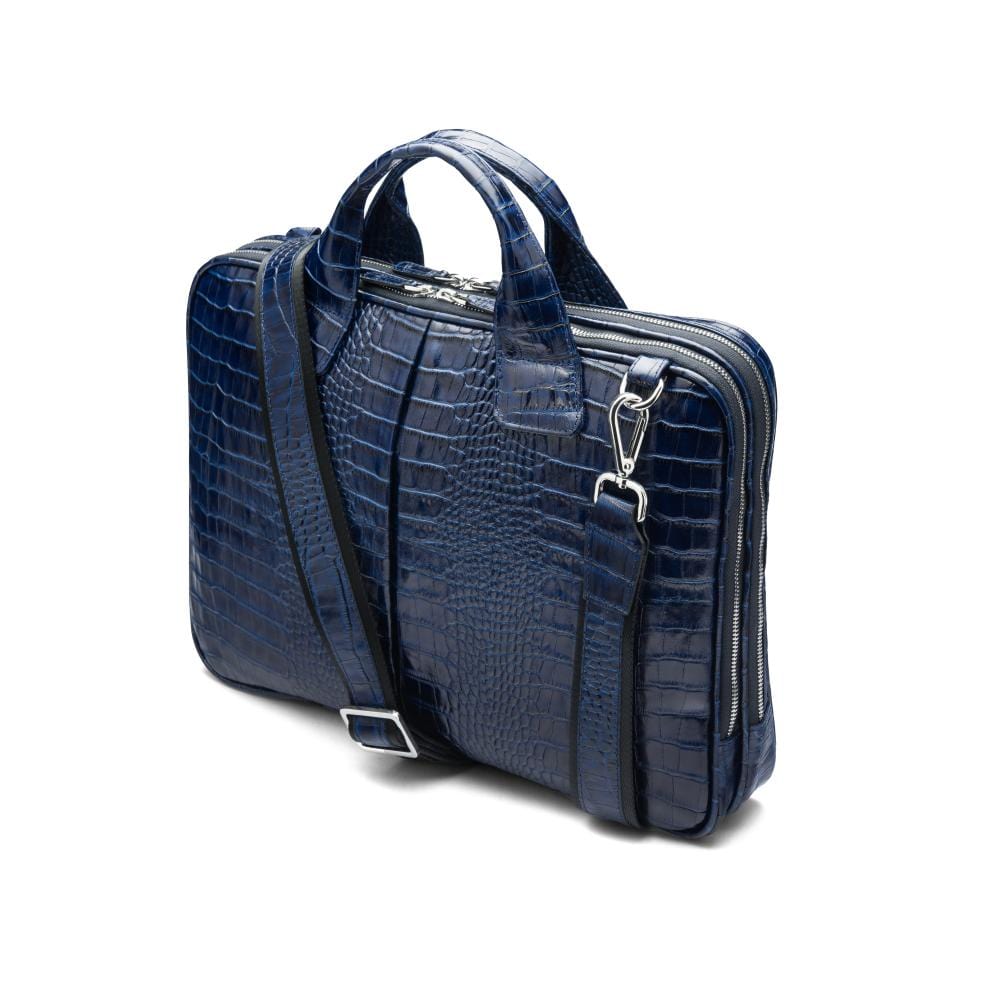 Leather 13" laptop briefcase, navy croc, with strap