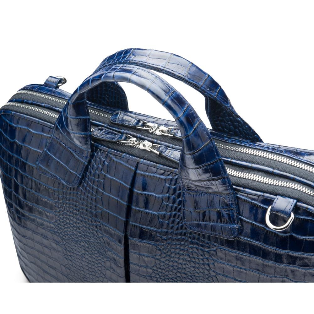 Leather 13" laptop briefcase, navy croc, closeup