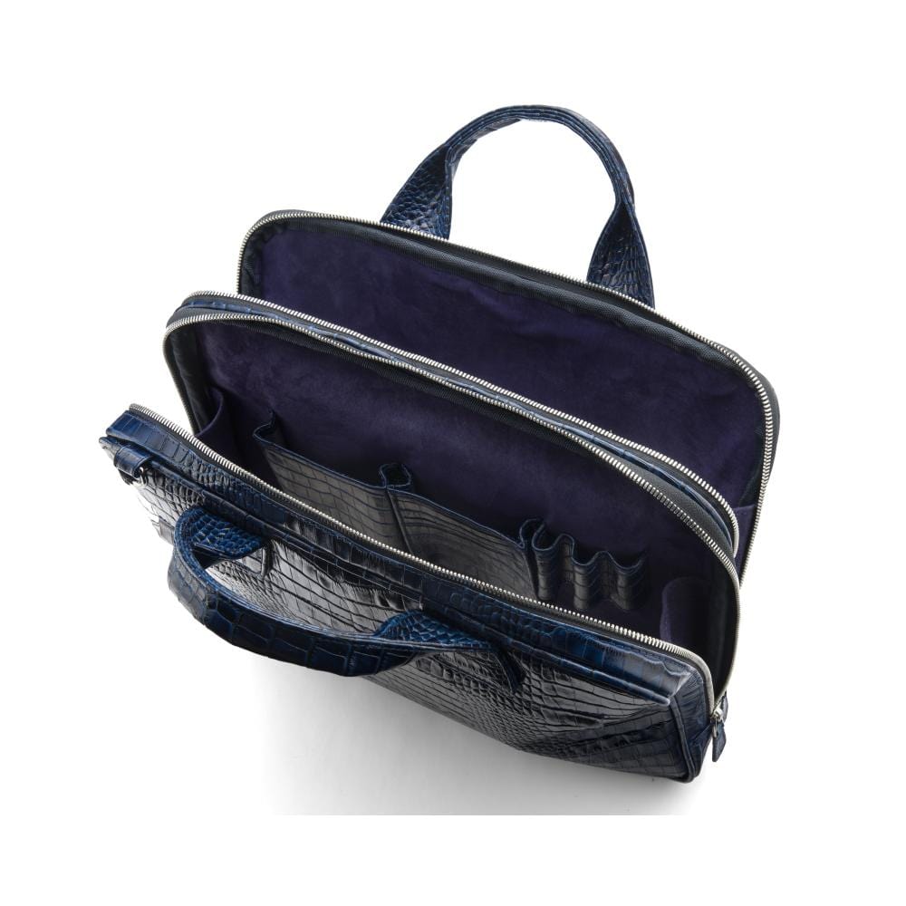 Leather 13" laptop briefcase, navy croc, inside