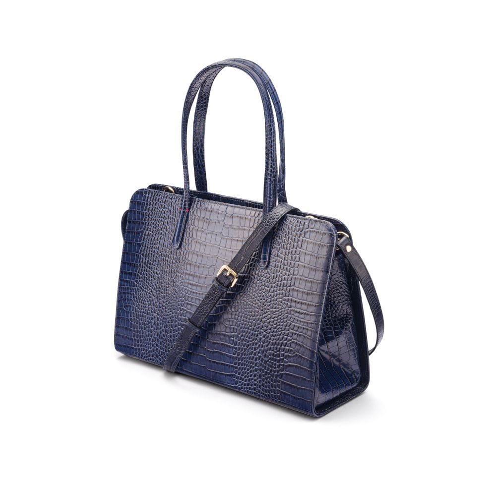 Ladies' leather 15" laptop handbag, navy croc, with shoulder strap