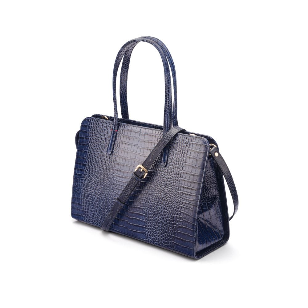 Ladies&#39; leather 15&quot; laptop handbag, navy croc, with shoulder strap