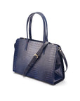 Ladies' leather 15" laptop handbag, navy croc, with shoulder strap