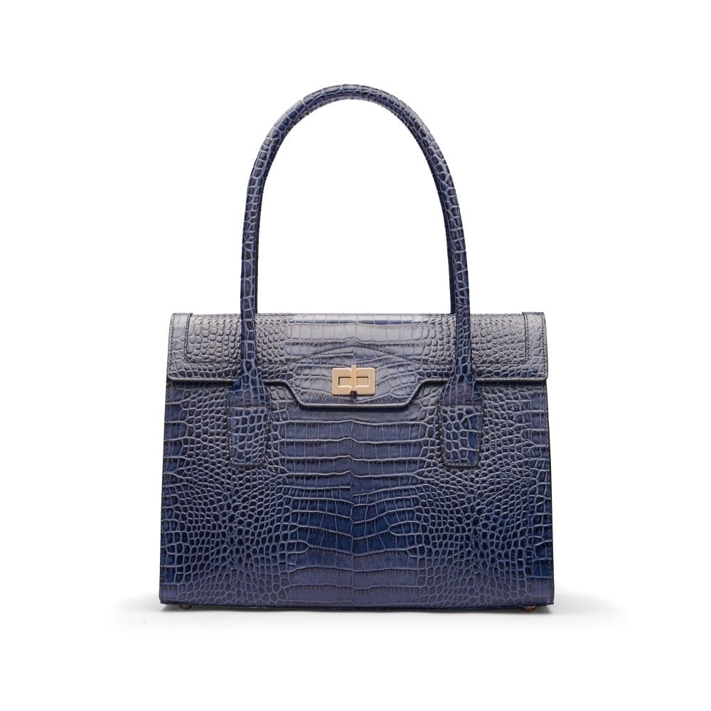 Large leather Morgan bag, navy croc, front view