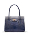 Large leather Morgan bag, navy croc, front view