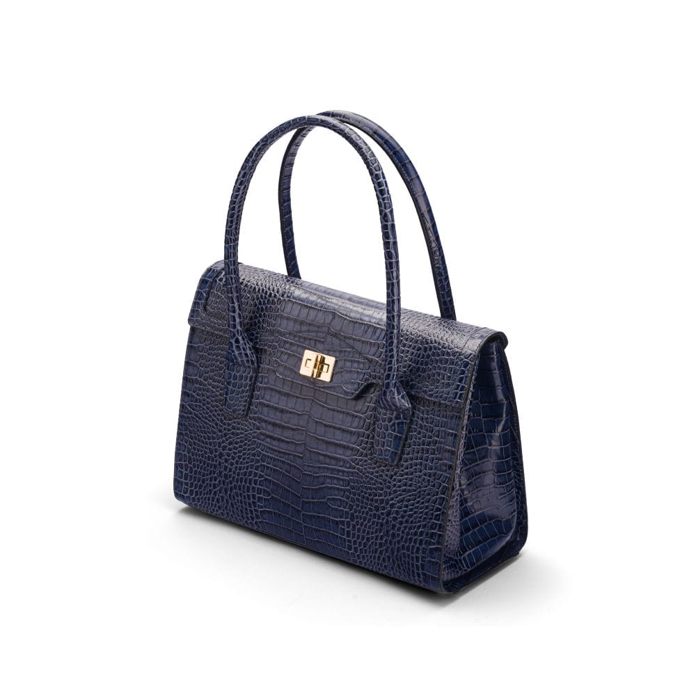 Large leather Morgan bag, navy croc, side