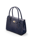 Large leather Morgan bag, navy croc, side