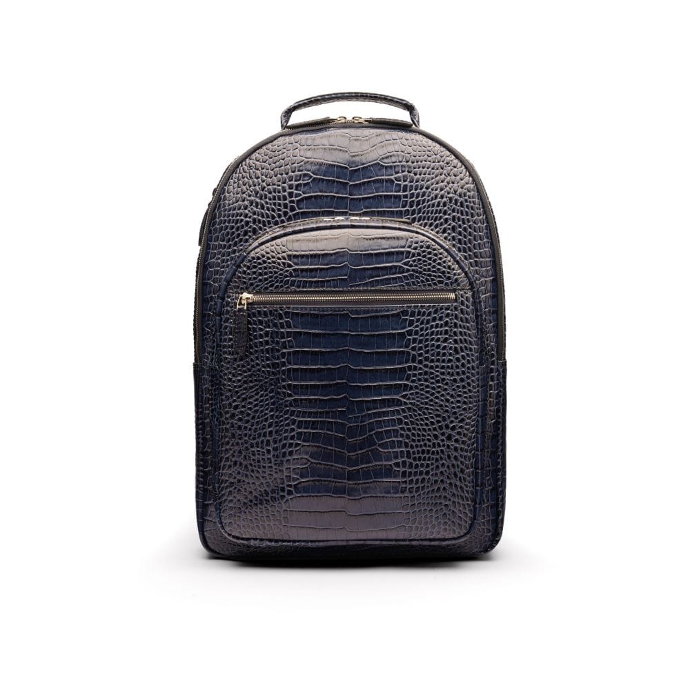 Men's leather 15" laptop backpack, navy croc, front