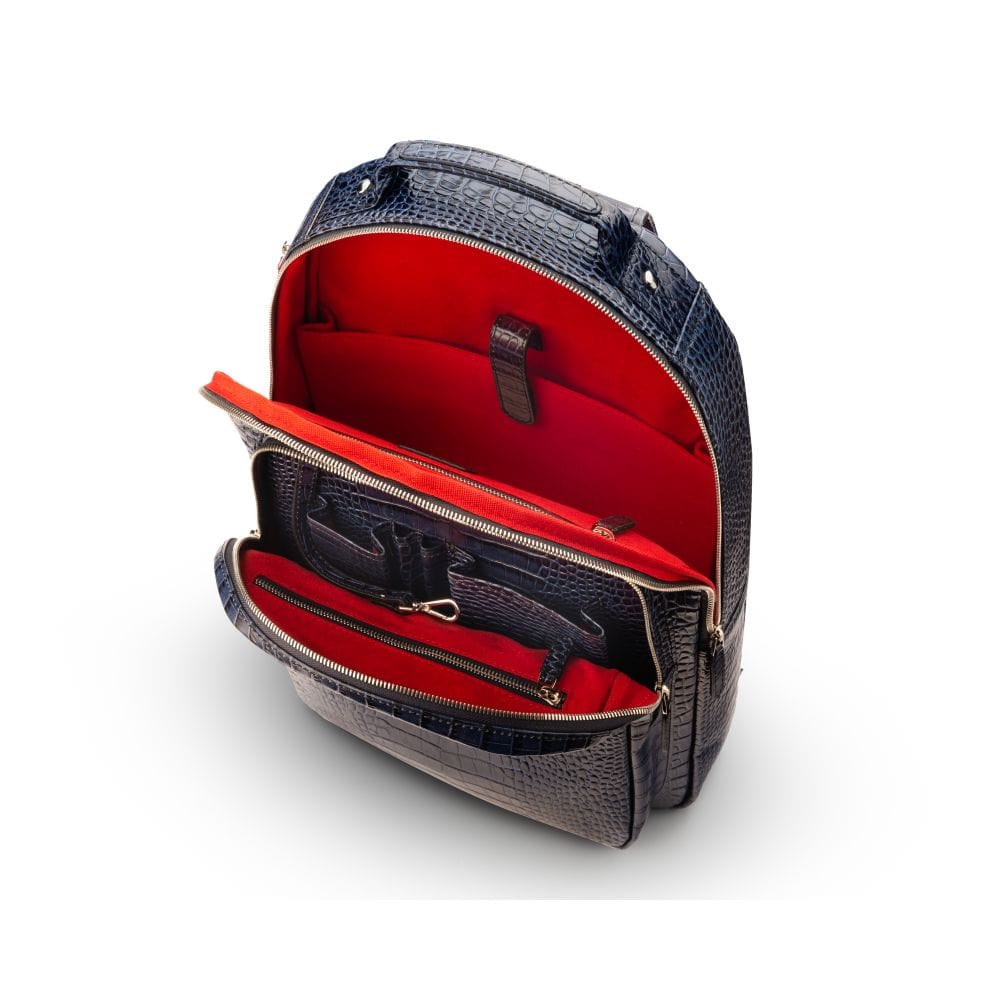 Men's leather 15" laptop backpack, navy croc, inside