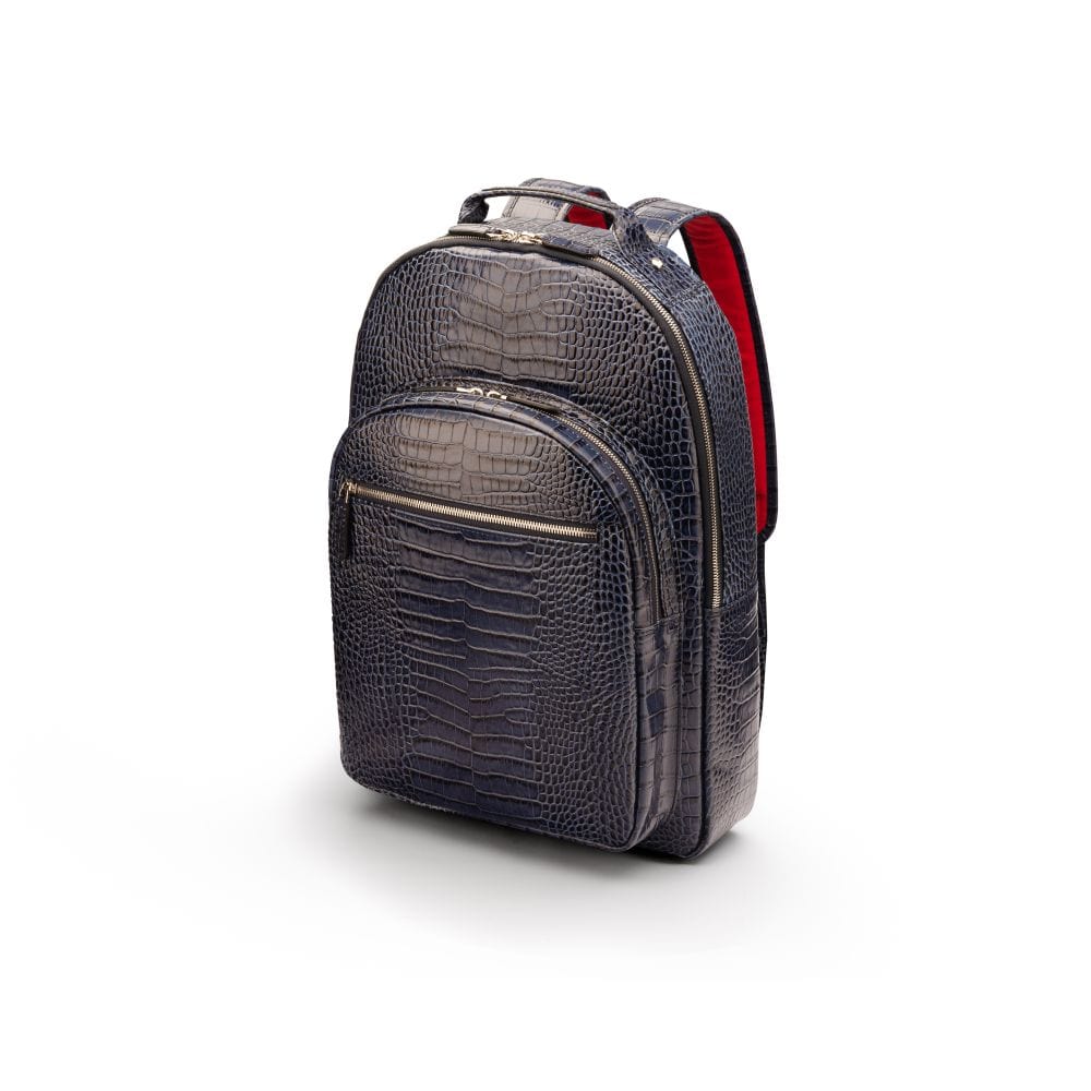 Men's leather 15" laptop backpack, navy croc, side