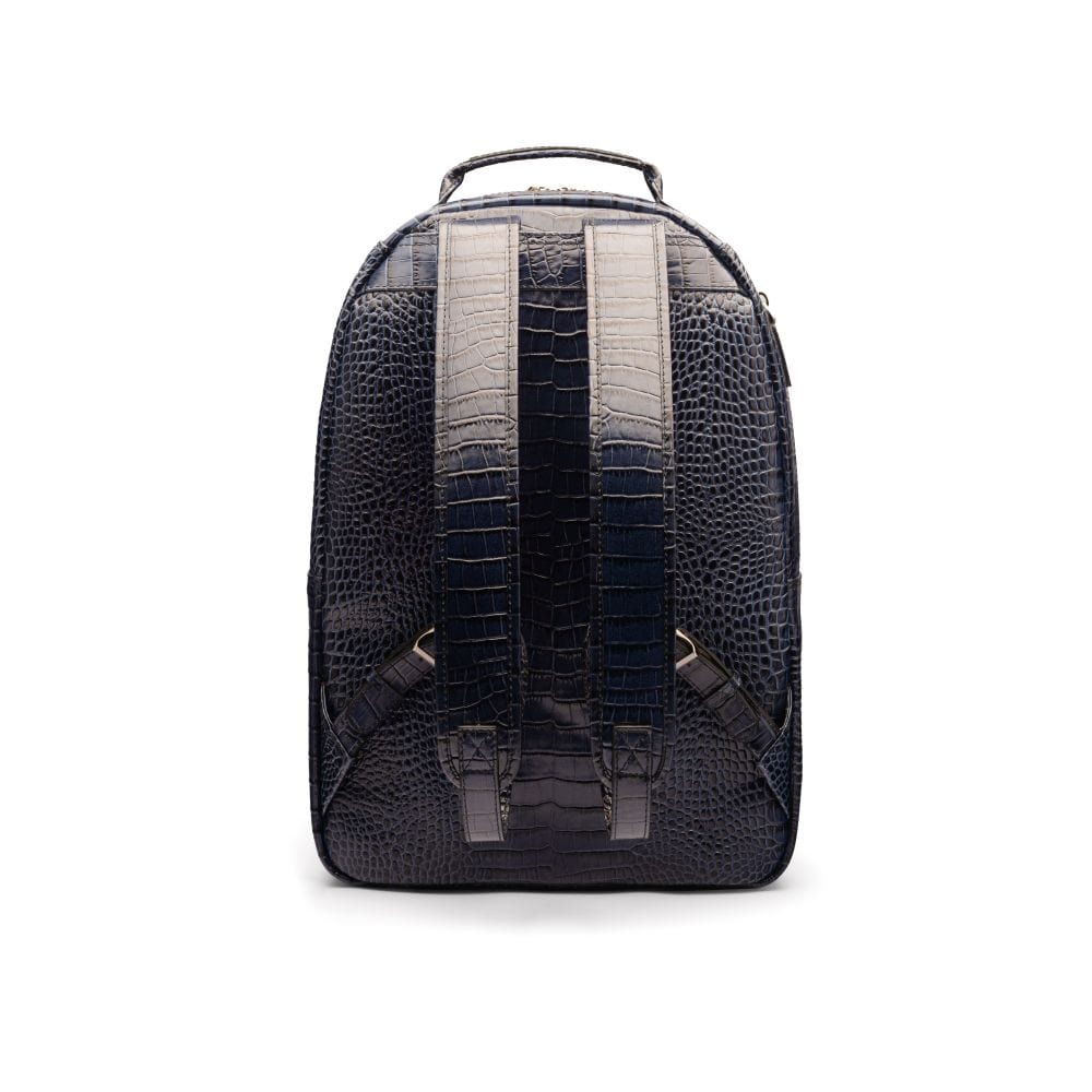 Men's leather 15" laptop backpack, navy croc, back view