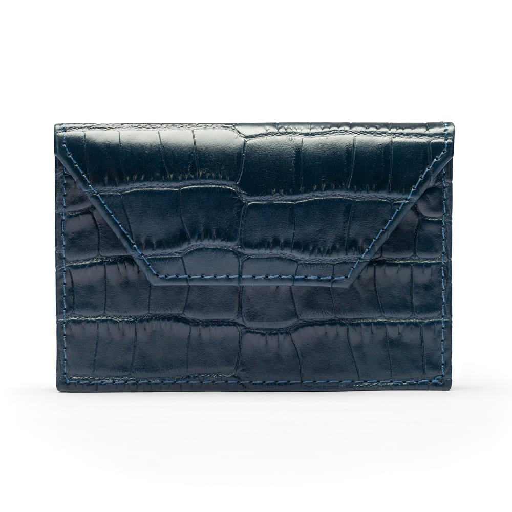 Leather business card holder, navy croc, front