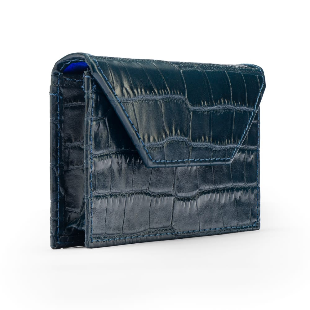 Leather business card holder, navy croc, side