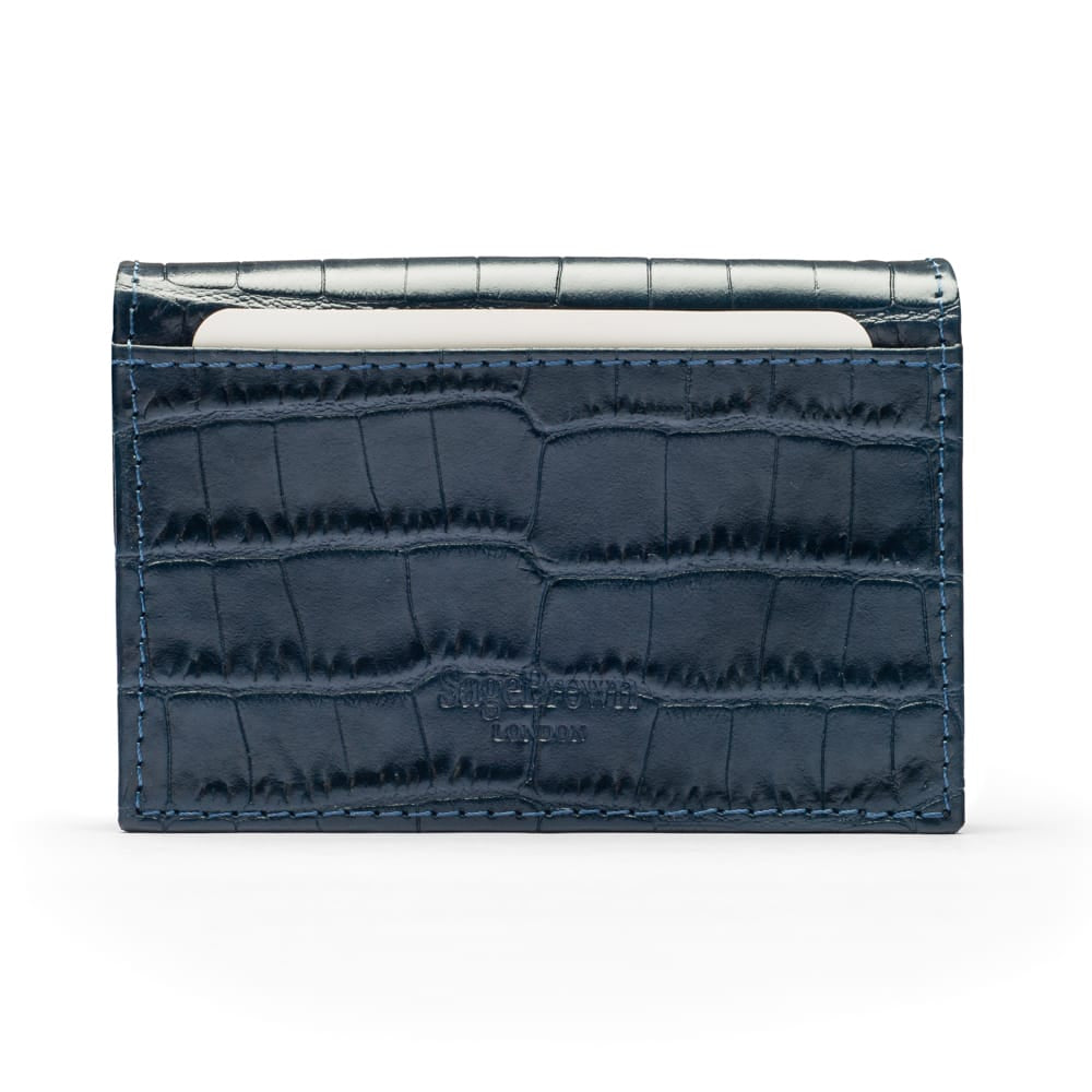 Leather business card holder, navy croc, back