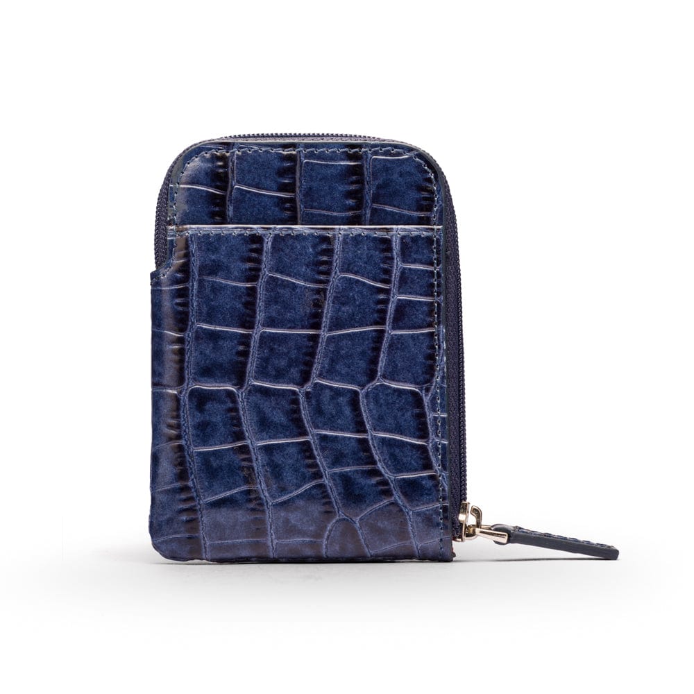 Leather card case with zip, navy croc, front