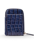 Leather card case with zip, navy croc, front