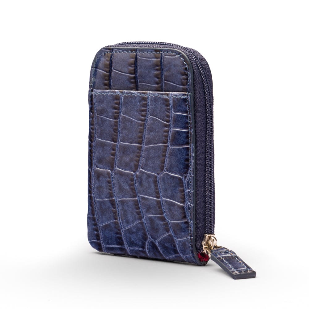 Leather card case with zip, navy croc, front view