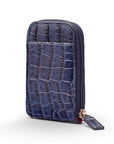 Leather card case with zip, navy croc, front view