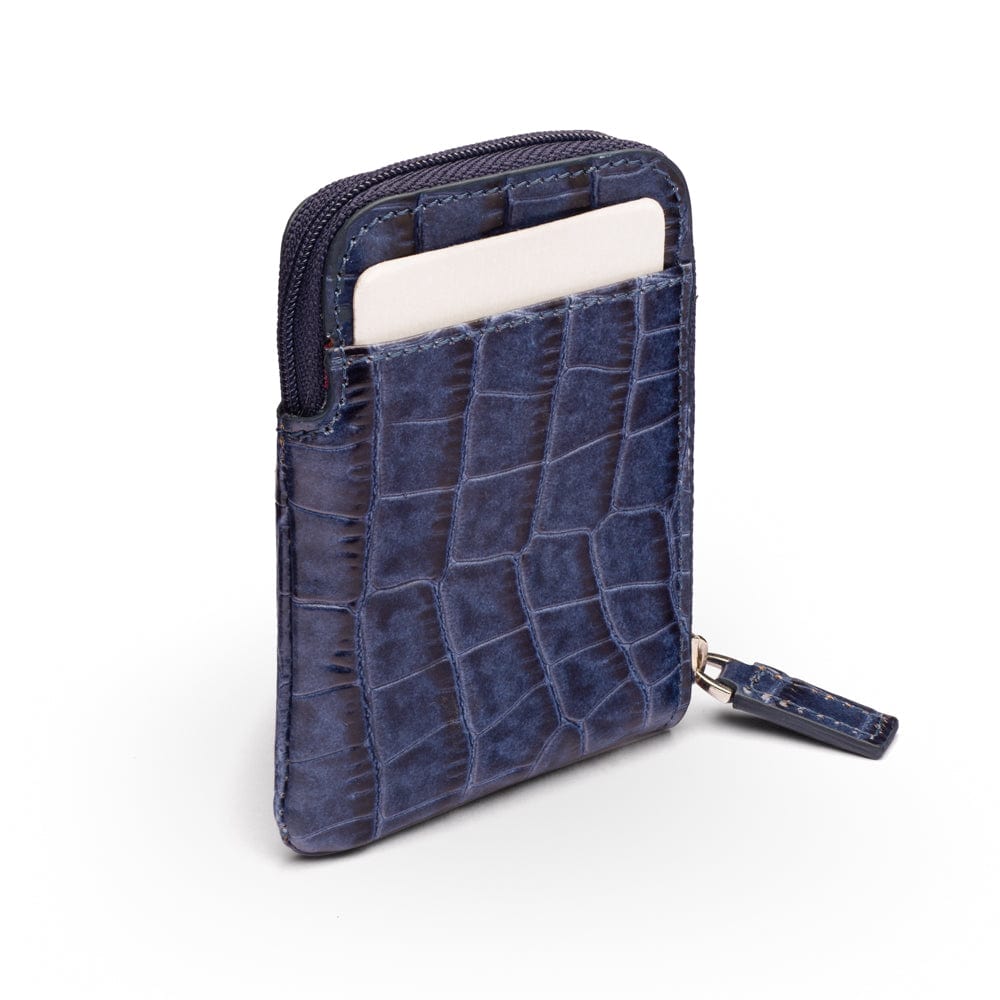 Leather card case with zip, navy croc, back