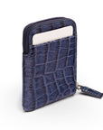 Leather card case with zip, navy croc, back