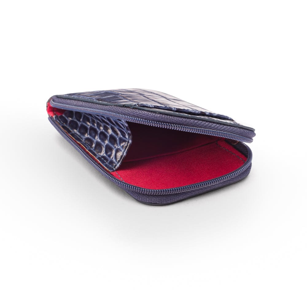 Leather card case with zip, navy croc, inside