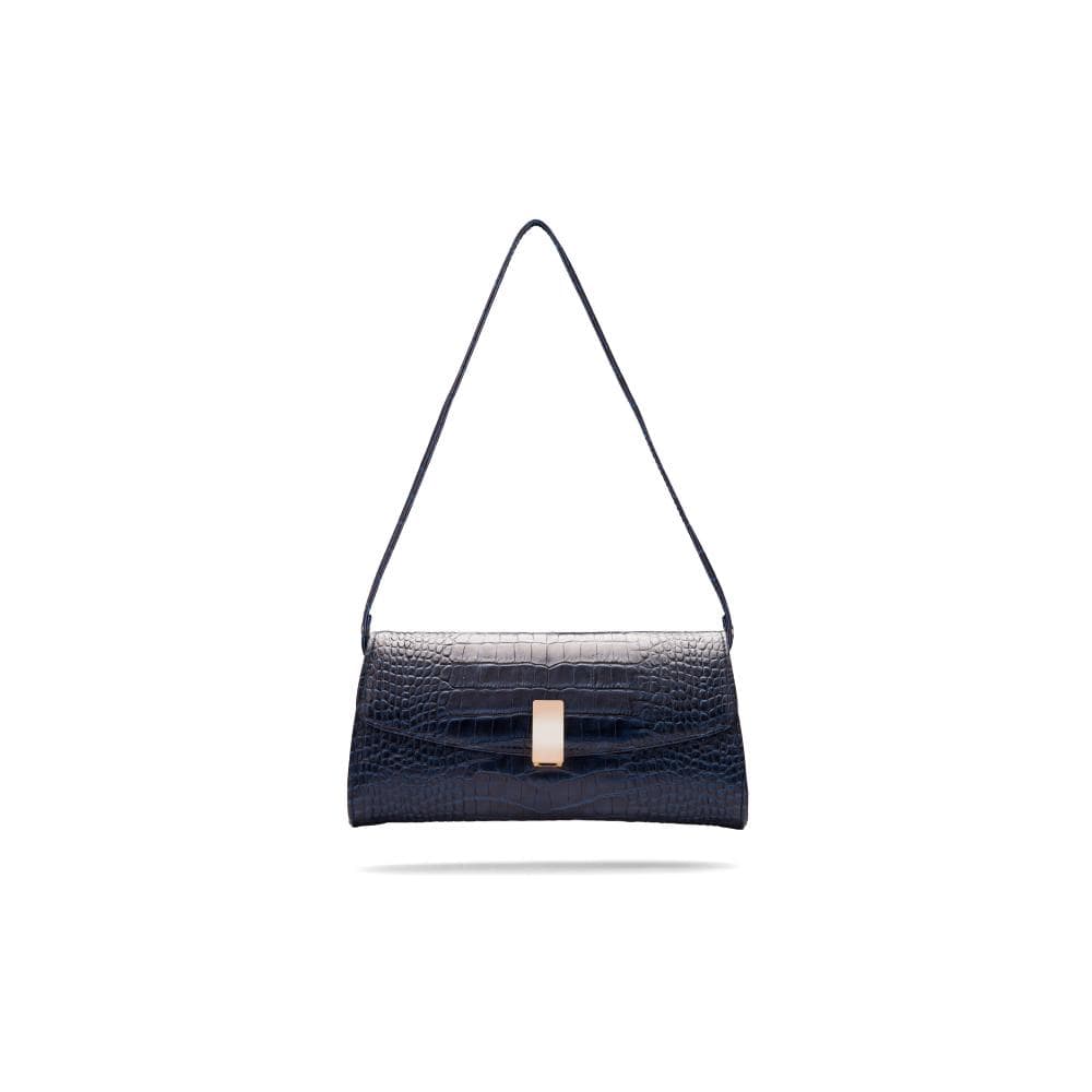 Leather clutch bag, navy croc, with short leather strap