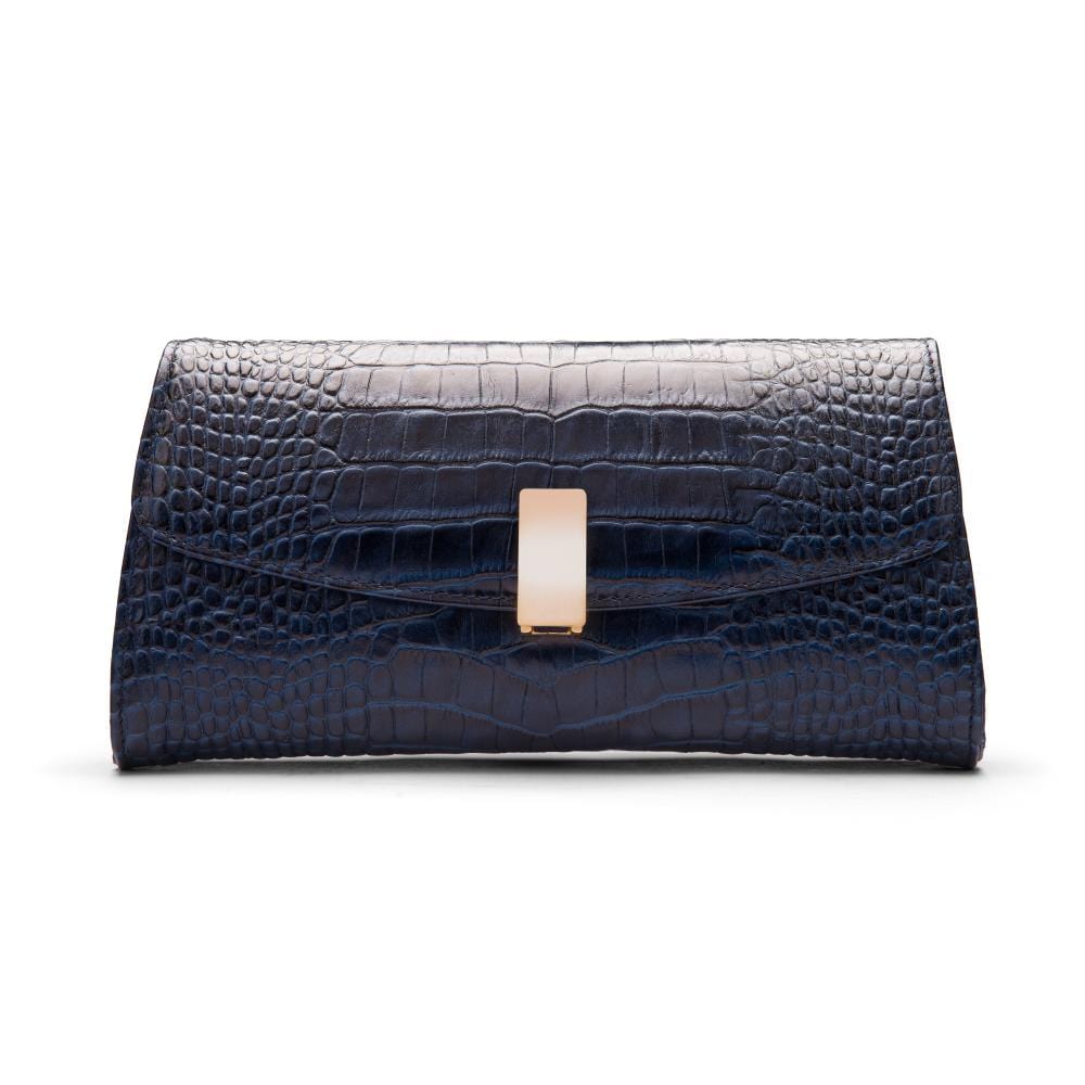 Leather clutch bag, navy croc, front view