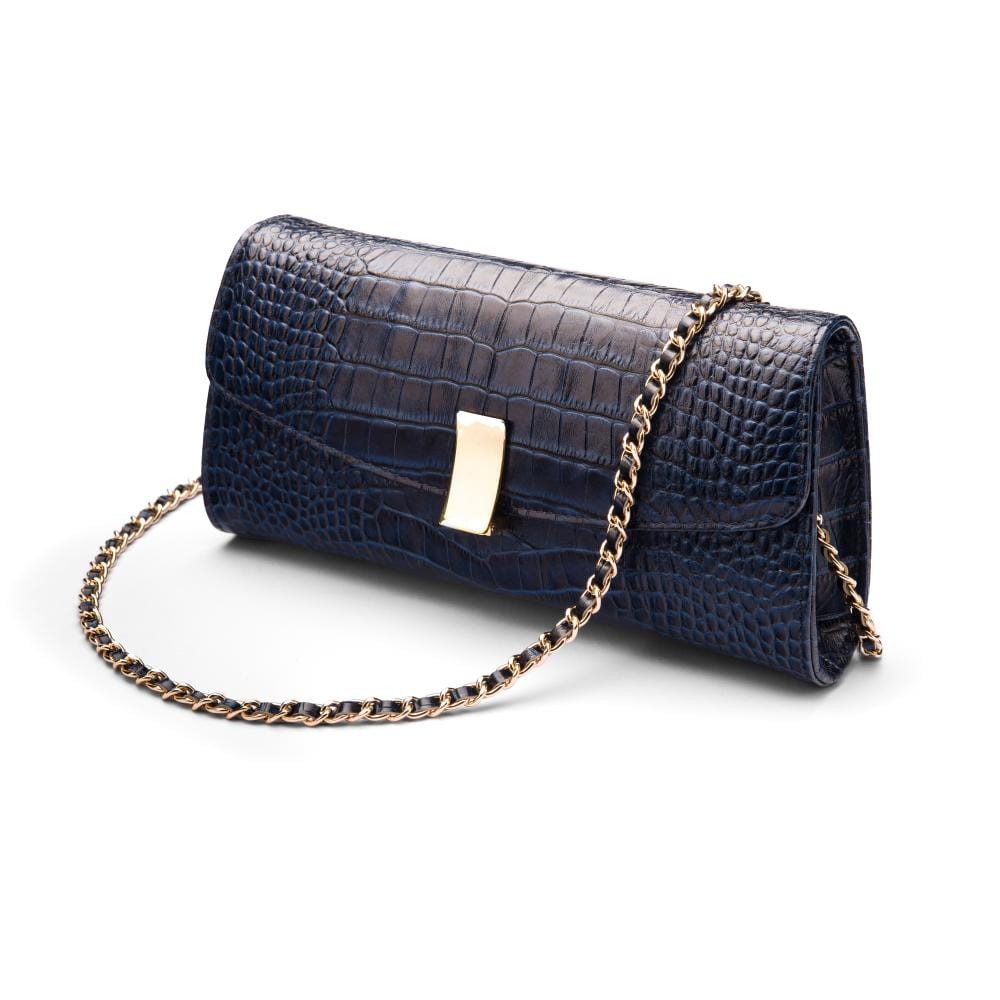 Leather clutch bag, navy croc, with long chain strap