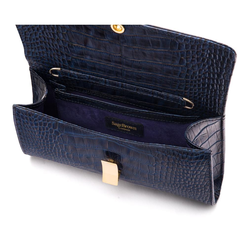 Leather clutch bag, navy croc, inside