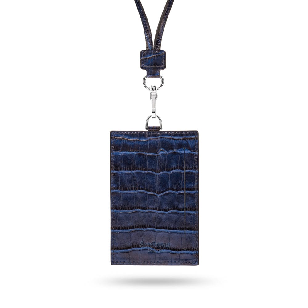 Leather lanyard ID card holder, navy croc, back