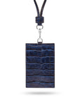 Leather lanyard ID card holder, navy croc, back