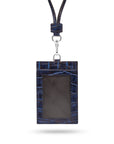 Leather lanyard ID card holder, navy croc, front